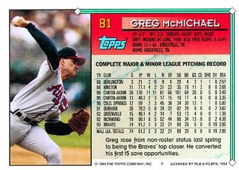 1994 Topps Greg McMichael ASR # 81 Atlanta Braves