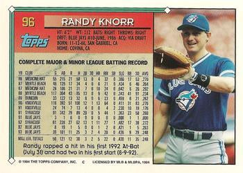 1994 Topps Randy Knorr # 96 Toronto Blue Jays