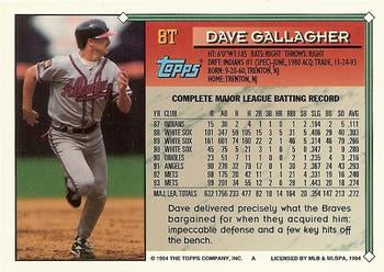 1994 Topps Traded Dave Gallagher  8T Atlanta Braves