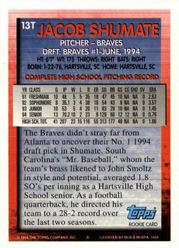 1994 Topps Traded Jacob Shumate DPK, RC  13T Atlanta Braves