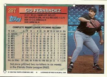 1994 Topps Traded Sid Fernandez  28T Baltimore Orioles