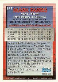 1994 Topps Traded Mark Farris DPK, RC  87T Pittsburgh Pirates
