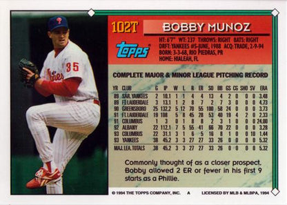 1994 Topps Traded Bobby Munoz  102T Philadelphia Phillies