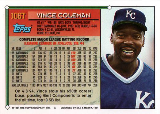 1994 Topps Traded Vince Coleman  106T Kansas City Royals