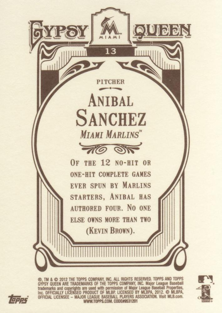 2012 Topps Gypsy Queen Anibal Sanchez  # 13 Miami Marlins