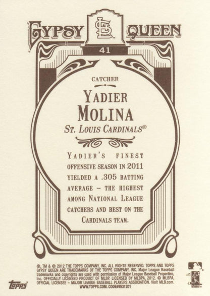 2012 Topps Gypsy Queen Yadier Molina  # 41 St. Louis Cardinals