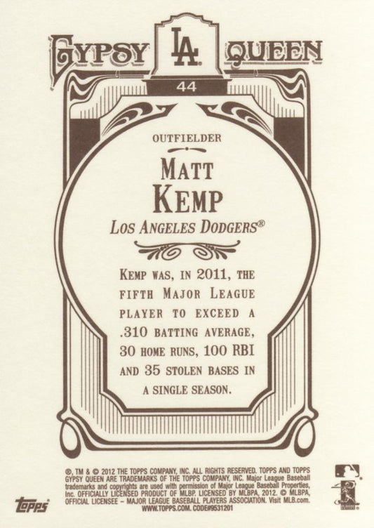2012 Topps Gypsy Queen Matt Kemp  # 44a Los Angeles Dodgers