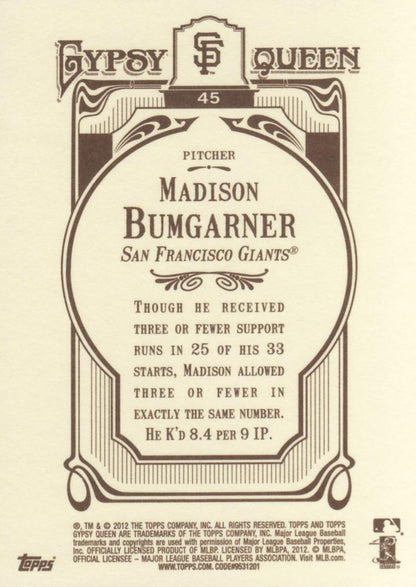 2012 Topps Gypsy Queen Madison Bumgarner  # 45 San Francisco Giants