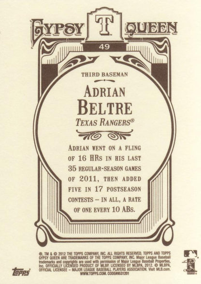 2012 Topps Gypsy Queen Adrian Beltre  # 49 Texas Rangers