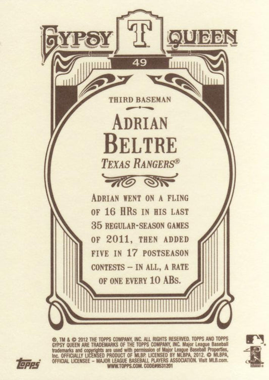 2012 Topps Gypsy Queen Adrian Beltre  # 49 Texas Rangers