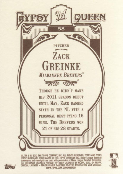 2012 Topps Gypsy Queen Zack Greinke  # 58 Milwaukee Brewers
