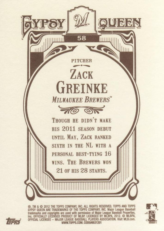 2012 Topps Gypsy Queen Zack Greinke  # 58 Milwaukee Brewers