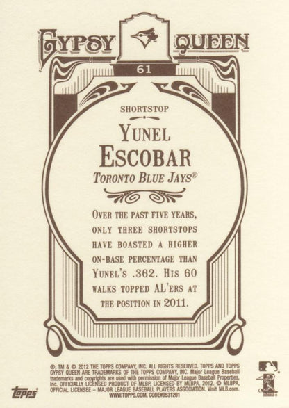 2012 Topps Gypsy Queen Yunel Escobar  # 61 Toronto Blue Jays