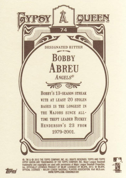 2012 Topps Gypsy Queen Bobby Abreu  # 74 Los Angeles Angels