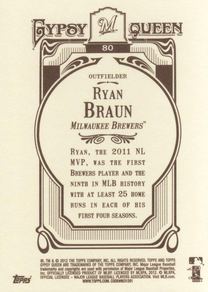 2012 Topps Gypsy Queen Ryan Braun  # 80a Milwaukee Brewers