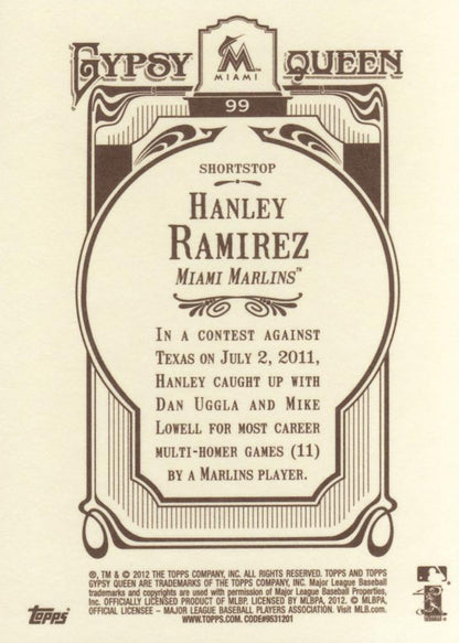 2012 Topps Gypsy Queen Hanley Ramirez  # 99 Miami Marlins