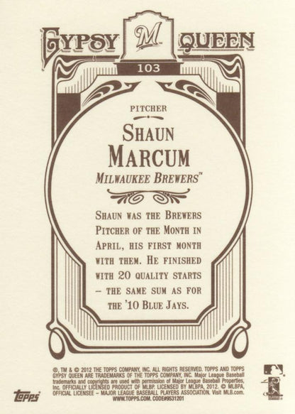 2012 Topps Gypsy Queen Shaun Marcum  # 103 Milwaukee Brewers