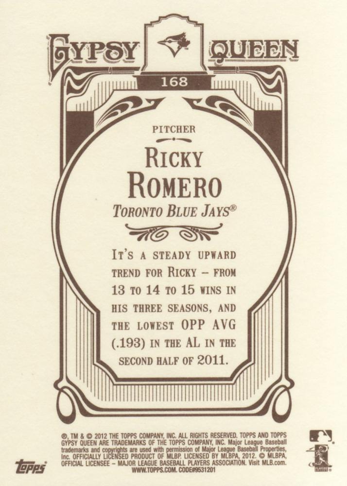 2012 Topps Gypsy Queen Ricky Romero  # 168 Toronto Blue Jays