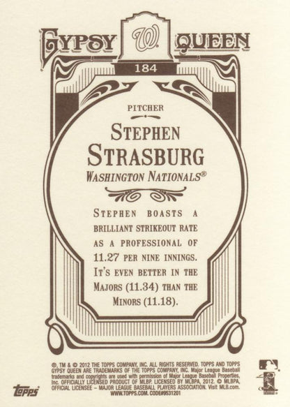 2012 Topps Gypsy Queen Stephen Strasburg  # 184a Washington Nationals