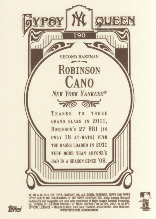 2012 Topps Gypsy Queen Robinson Cano  # 190a New York Yankees