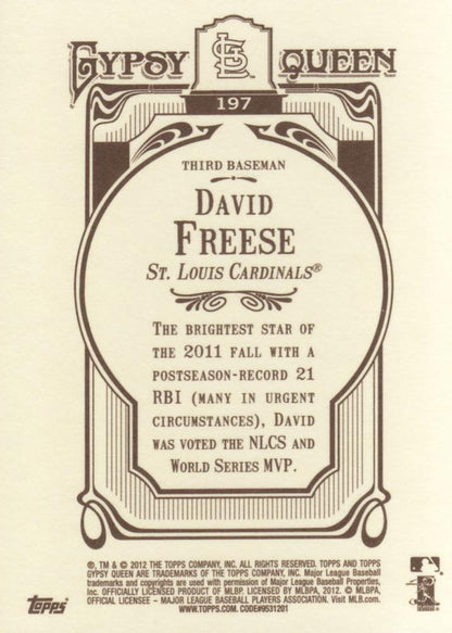 2012 Topps Gypsy Queen David Freese  # 197a St. Louis Cardinals