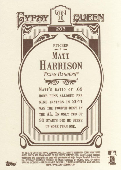 2012 Topps Gypsy Queen Matt Harrison  # 203 Texas Rangers