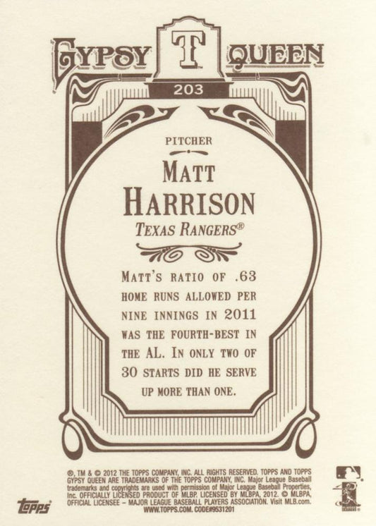2012 Topps Gypsy Queen Matt Harrison  # 203 Texas Rangers