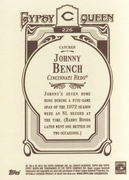 2012 Topps Gypsy Queen Johnny Bench  # 226a Cincinnati Reds