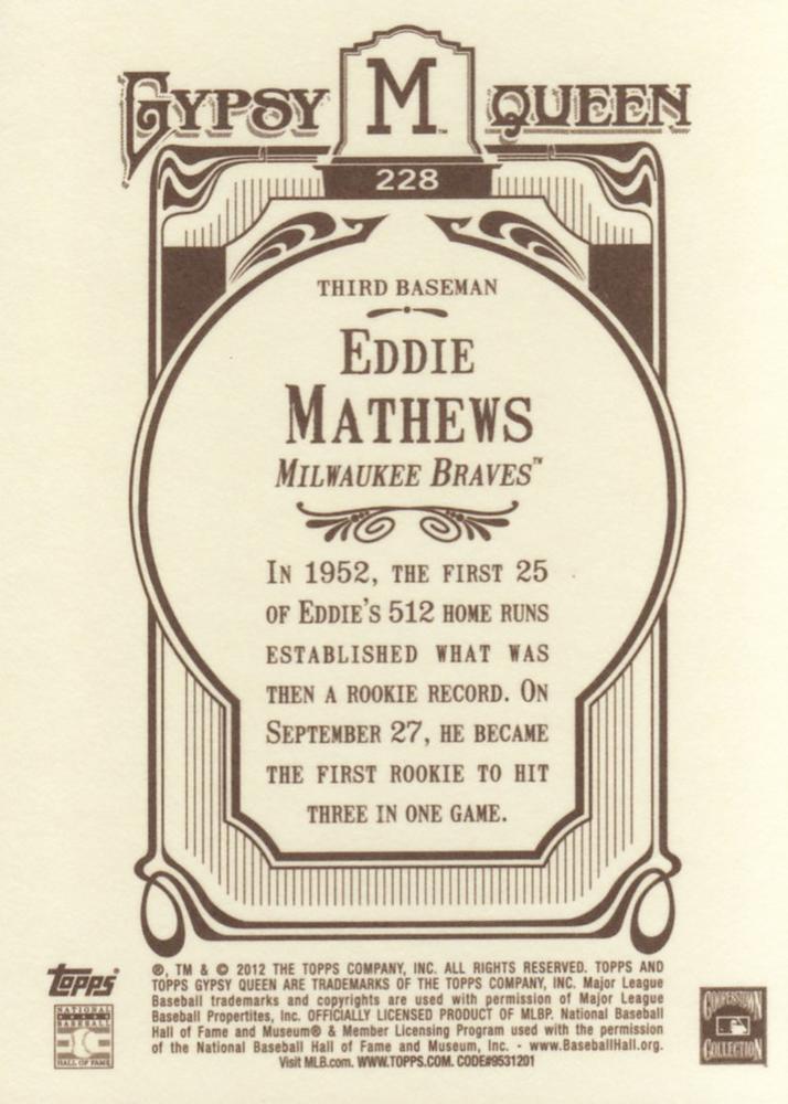 2012 Topps Gypsy Queen Eddie Mathews  # 228 Milwaukee Braves