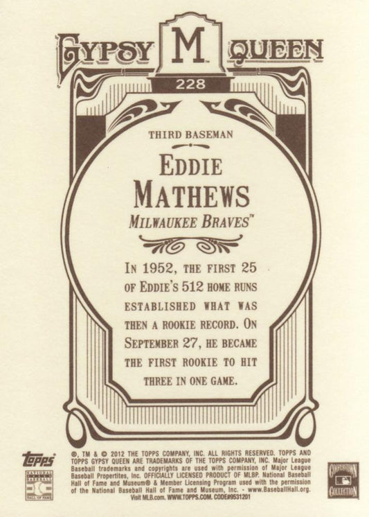 2012 Topps Gypsy Queen Eddie Mathews  # 228 Milwaukee Braves