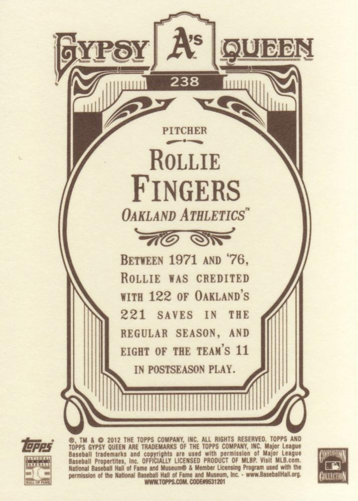 2012 Topps Gypsy Queen Rollie Fingers  # 238 Oakland Athletics