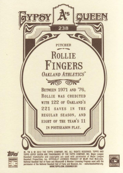 2012 Topps Gypsy Queen Rollie Fingers  # 238 Oakland Athletics