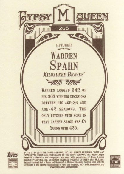 2012 Topps Gypsy Queen Warren Spahn  # 265 Milwaukee Braves