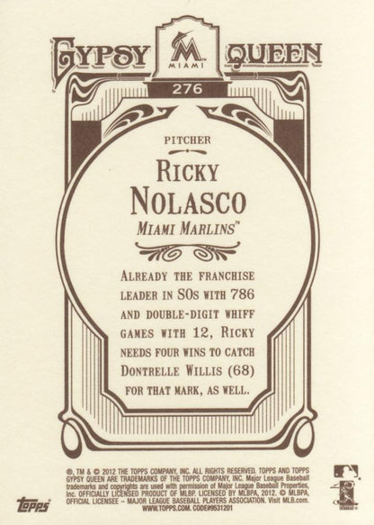 2012 Topps Gypsy Queen Ricky Nolasco  # 276 Miami Marlins