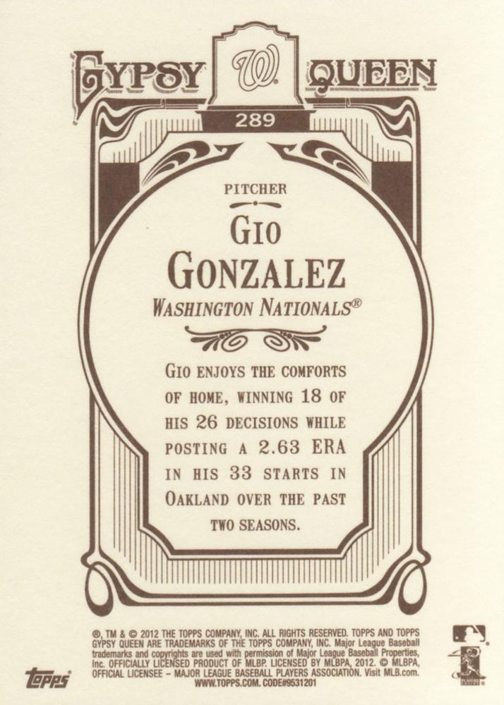 2012 Topps Gypsy Queen Gio Gonzalez  # 289 Washington Nationals
