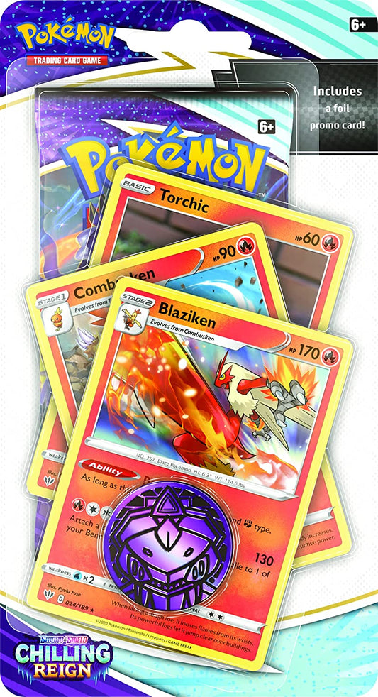 Pokemon TCG Sword & Shield Chilling Reign Torchic, Combusken, Blaziken (Booster Pack, Promo Card & Coin)
