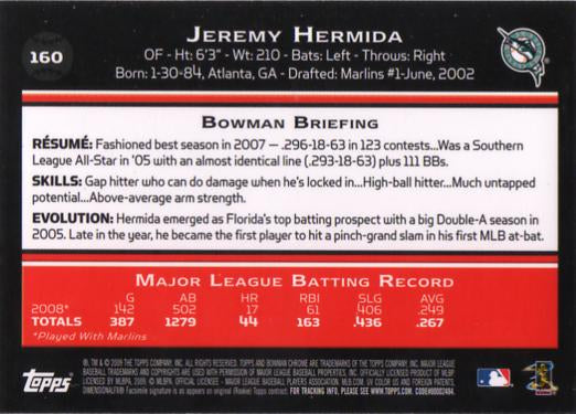 2009 Bowman Chrome Jeremy Hermida #160 Florida Marlins
