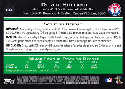 2009 Bowman Chrome Derek HollandÂ  RC #193 Texas Rangers