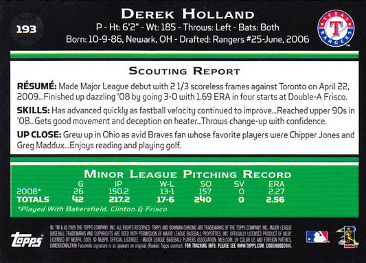 2009 Bowman Chrome Derek HollandÂ  RC #193 Texas Rangers