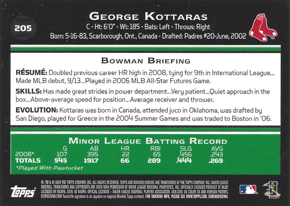 2009 Bowman Chrome George Kottaras  #205 Boston Red Sox