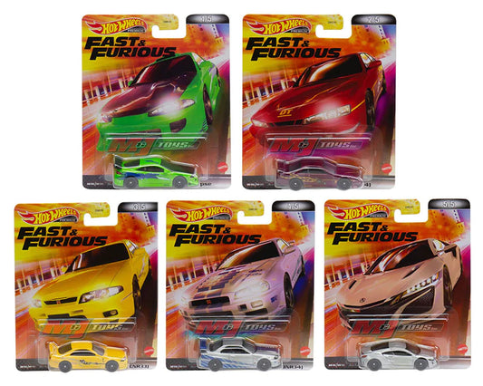 Hot Wheels Retro Entertainment Fast & Furious Case L Nissan Skyline (BNR34), Mitsubishi Eclipse, Nissan 240SX, Acura NSX, Nissan Skyline (BCNR33)