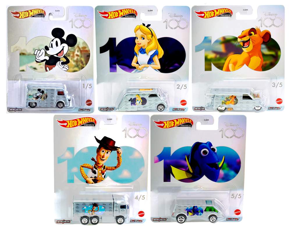 Hot Wheels Premium 2023 Pop Culture 100th DISNEY Anniversary Set of 5 Cars - walk-of-famesports