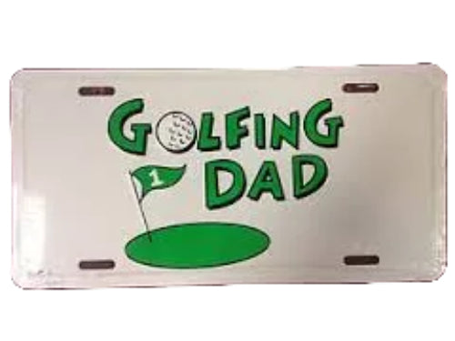 A white license plate with 'GOLFING DAD' printed in green and a golf ball and flag illustration in the center.
