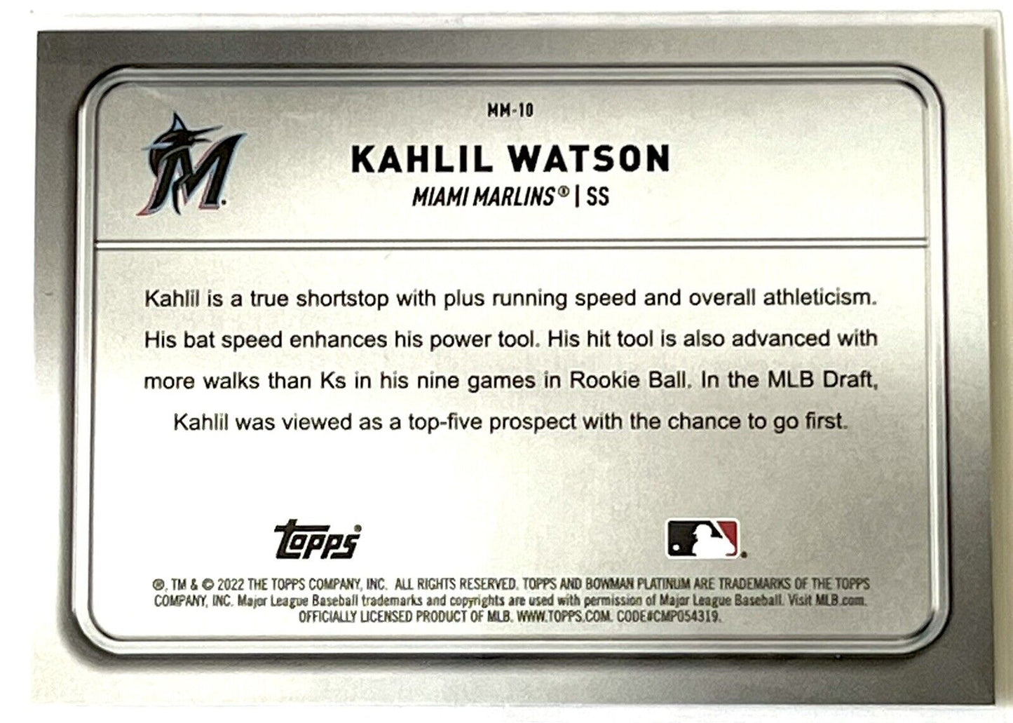 2022 Bowman Platinum Minted in Merit Kahlil Watson #MM-10 Miami Marlins