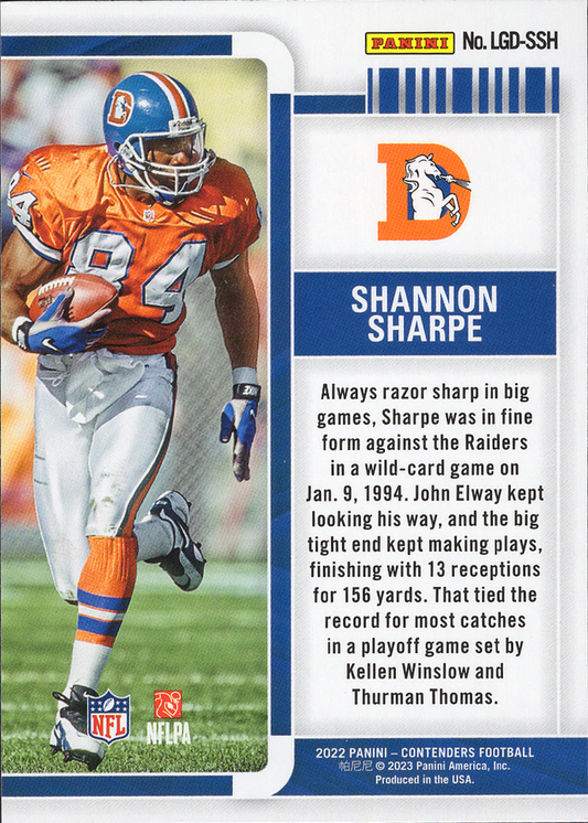 2022 Panini Contenders Legendary Contenders Emerald Shannon Sharpe  LGD-SSH Denver Broncos